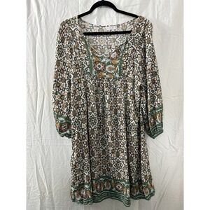 Bluetime Women Casual Dress‎ Boho V-Neck 3/4 Sleeve Short Babydoll Floral Sz L